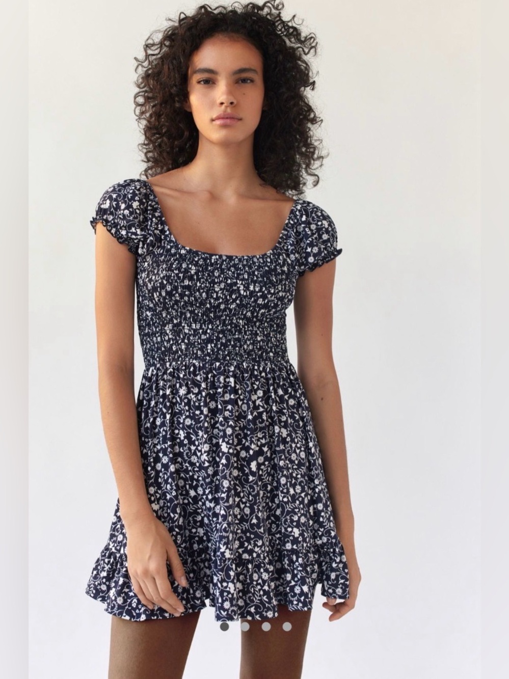 UO Tessie Floral Smocked Mini Dress in Blue Multi